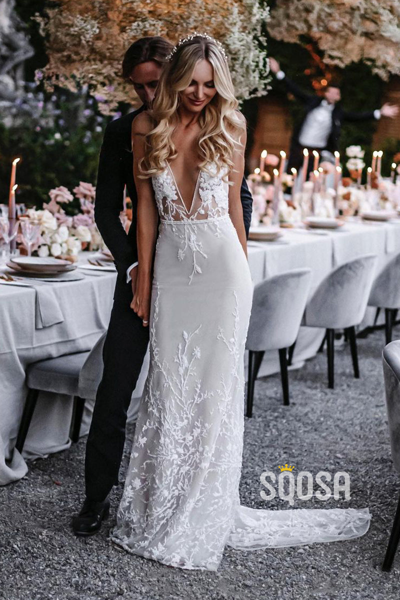 Attractive Deep V-Neck Lace Appliques Sheath Bohemian Wedding Dress QW2359|SQOSA