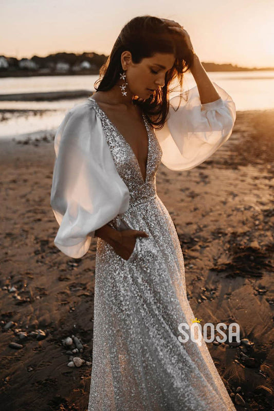 Attractive V-neck Bat Sleeves Sparkly Bohemian Wedding Dress QW2400|SQOSA