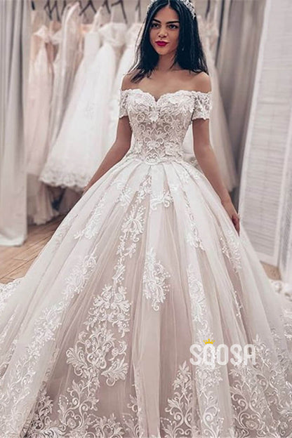 Unique Off-Shoulder Exquisite Lace Appliques Ball Gown Wedding Dress QW2403|SQOSA