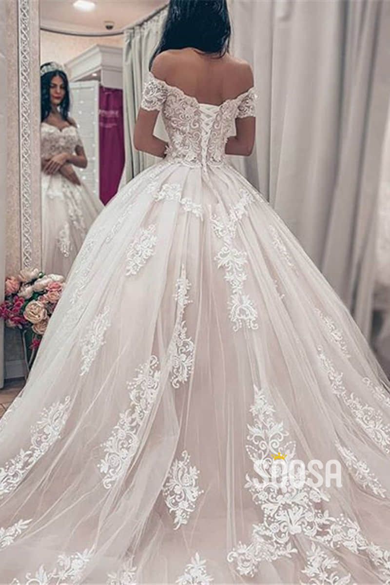 Unique Off-Shoulder Exquisite Lace Appliques Ball Gown Wedding Dress QW2403|SQOSA