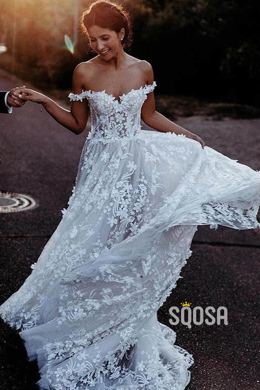 Exquisite Lace Wedding Dress Unique Off-Shoulder Bohemian Wedding Dress QW2410|SQOSA