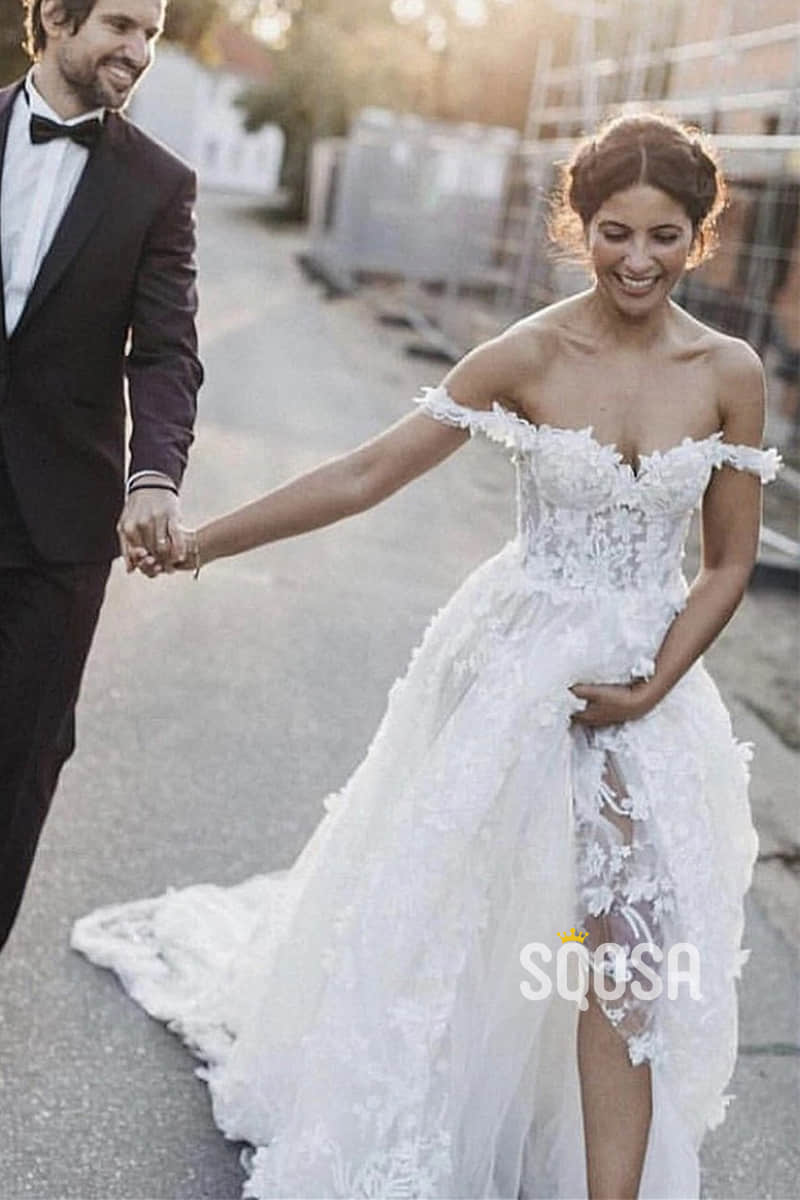 Exquisite Lace Wedding Dress Unique Off-Shoulder Bohemian Wedding Dress QW2410|SQOSA