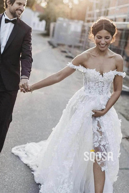 Exquisite Lace Wedding Dress Unique Off-Shoulder Bohemian Wedding Dress QW2410|SQOSA