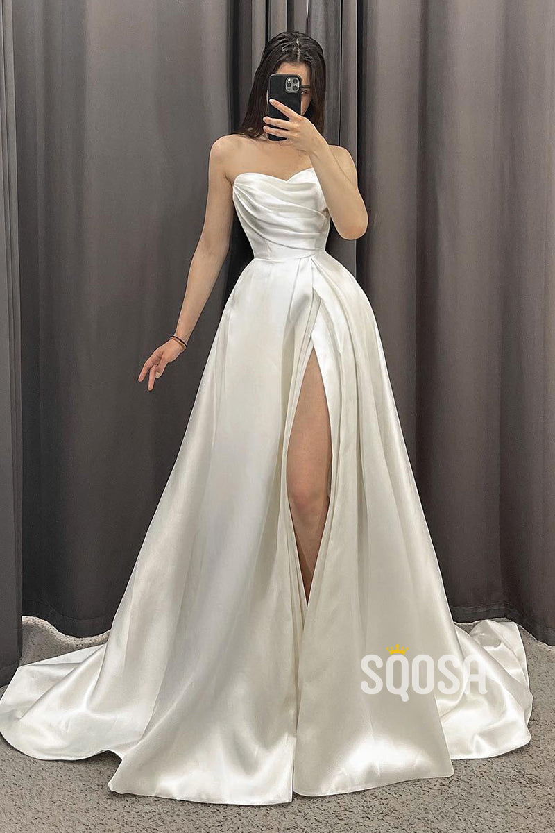 A-line Strapless Pleats Rustic Wedding Dress Bridal Gowns QW2411