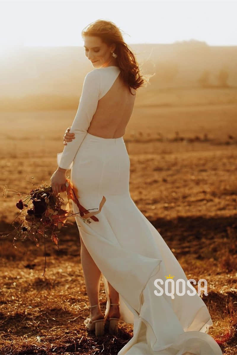 Sheath/Column Scoop Long Sleeves Bohemian Wedding Dress Backless QW2413|SQOSA