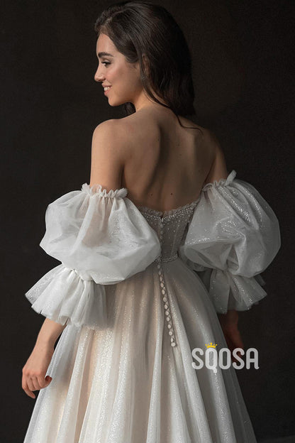 Plunging V-Neck Pearls Short Sleeves A-line Rustic Wedding Dress QW2415