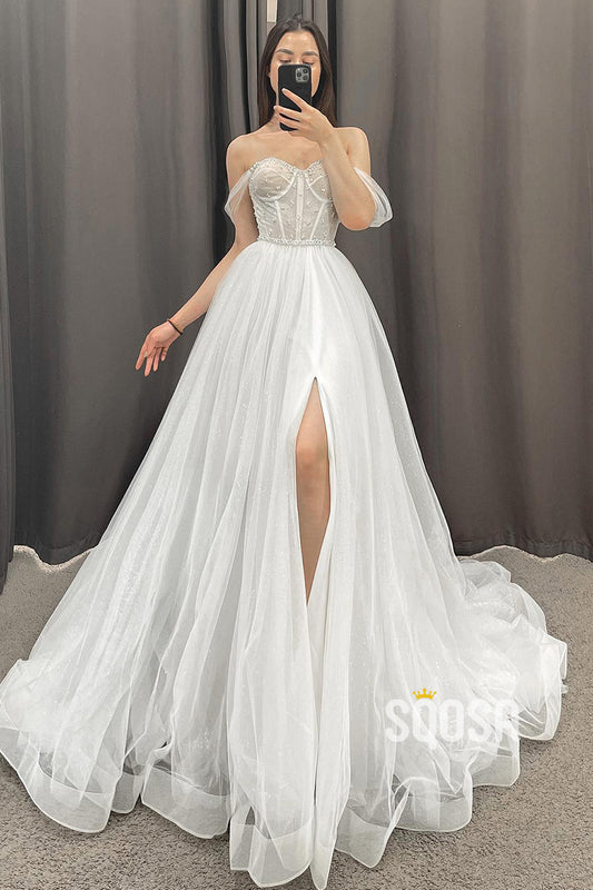 A-line Off the Shoulder Beads High Split Rustic Wedding Dress QW2416