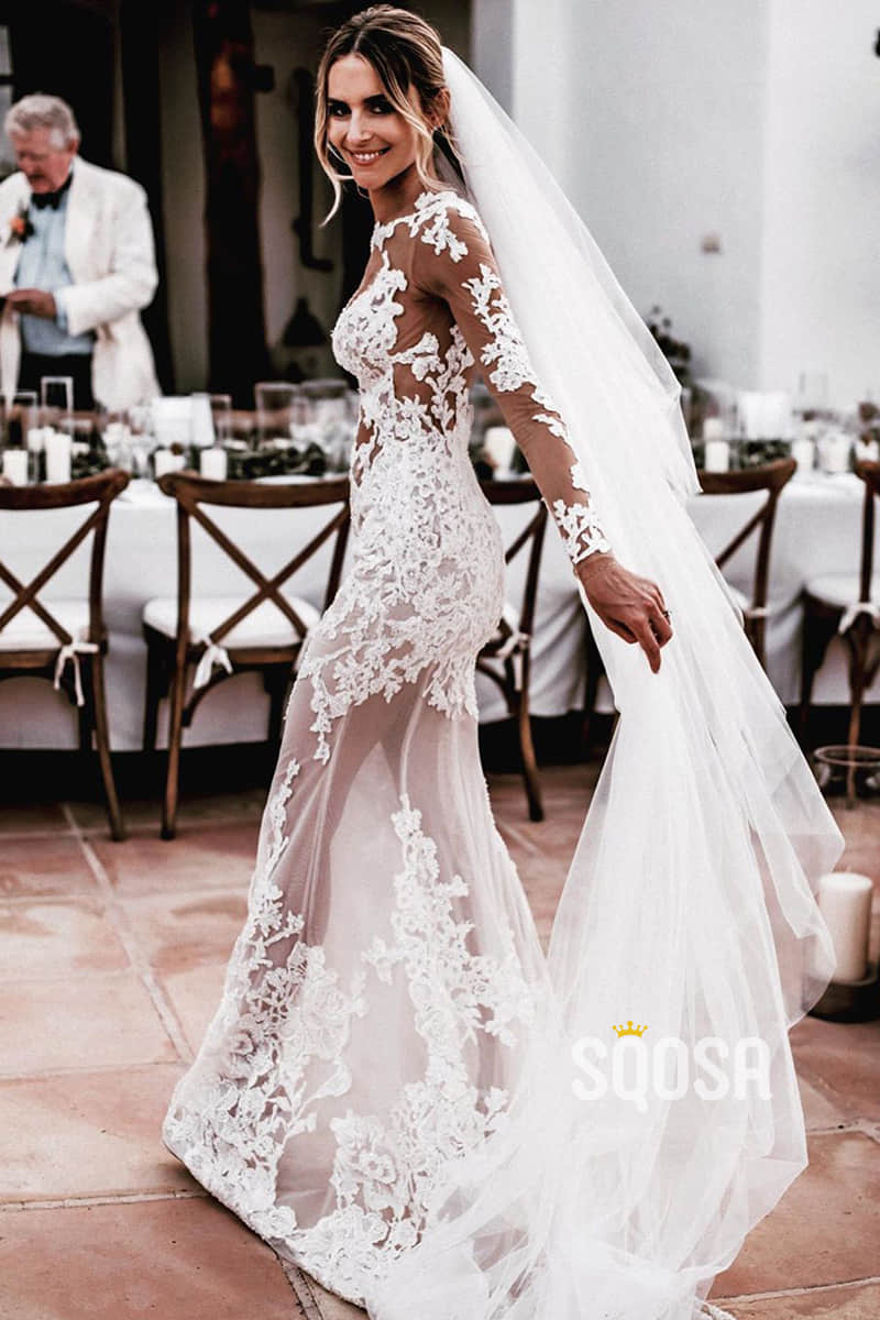 Sheath/Column Wedding Dress Illusion Appliques Long Sleeves Bohemian Wedding Dress QW2418|SQOSA