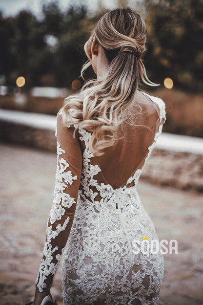 Sheath/Column Wedding Dress Illusion Appliques Long Sleeves Bohemian Wedding Dress QW2418|SQOSA