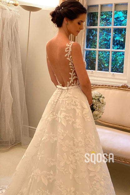 Illusion Neckline Lace Wedding Dress A-line Bridal Gown QW2455