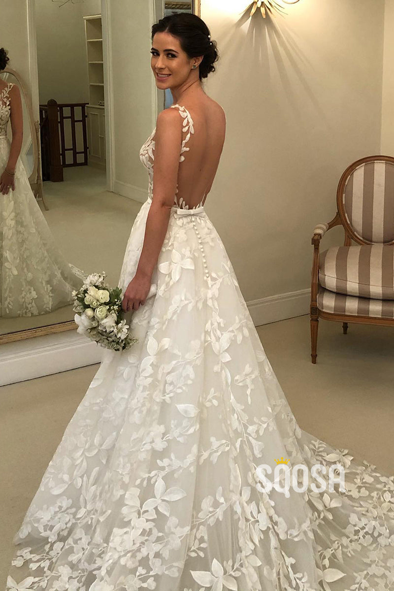 Illusion Neckline Lace Wedding Dress A-line Bridal Gown QW2455