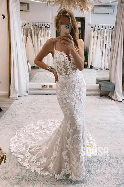 Spaghetti Straps V-Neck Lace Wedding Dress Mermaid Bridal Gown QW2507|SQOSA