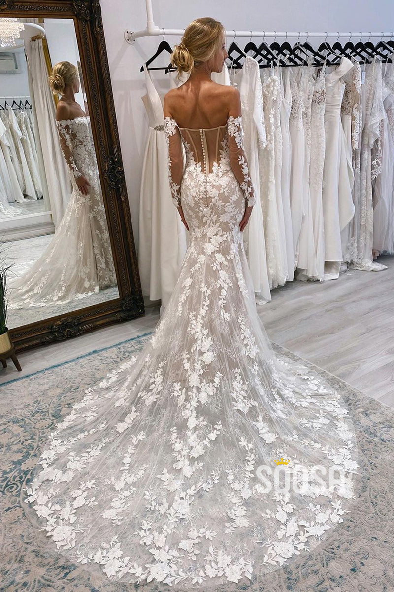 Off the Shoulder Long Sleeves Mermaid Wedding Dress Lace Bridal Gown QW2508|SQOSA