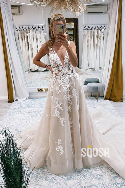 Plunging V-Neck Lace Appliques Rustic Wedding Dress QW2509|SQOSA