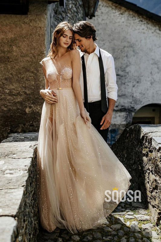 Illusion Neckline High Split Bohemian Wedding Dress QW2528|SQOSA