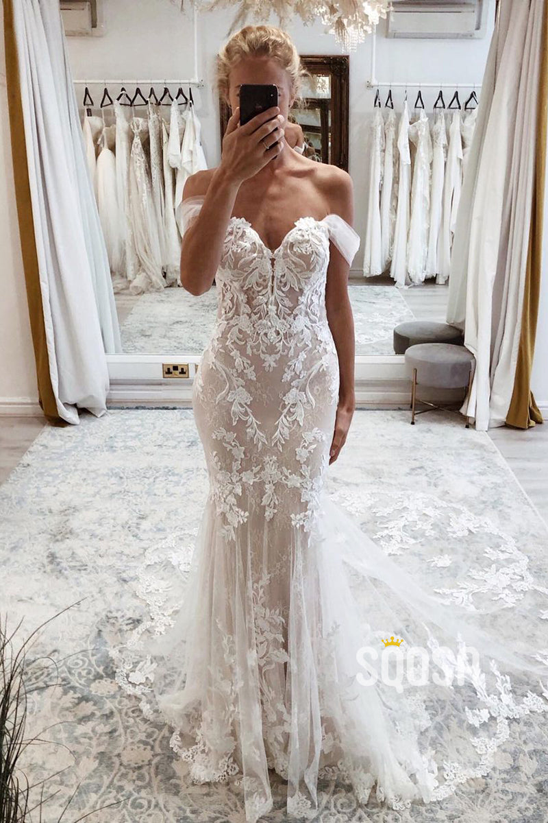 Chic Off the Shoulder Lace Appliques Mermaid Wedding Dress QW2529|SQOSA