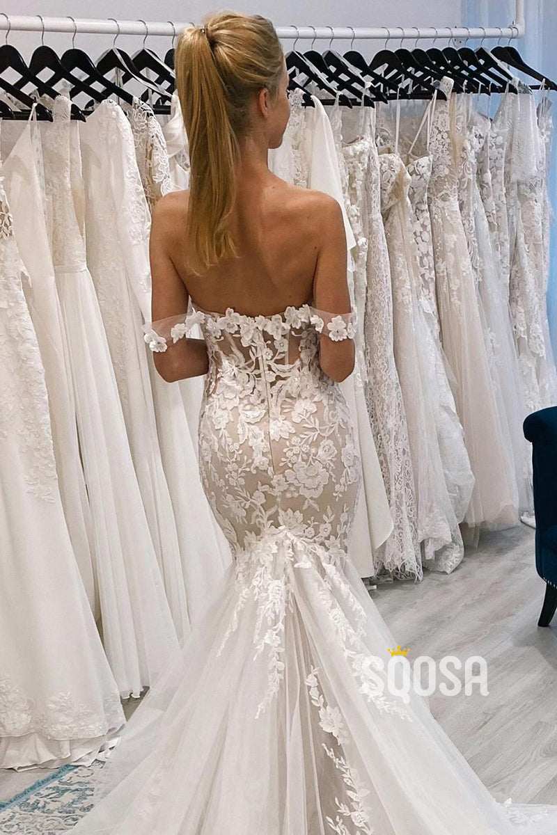 Chic Off the Shoulder Lace Appliques Mermaid Wedding Dress QW2532|SQOSA