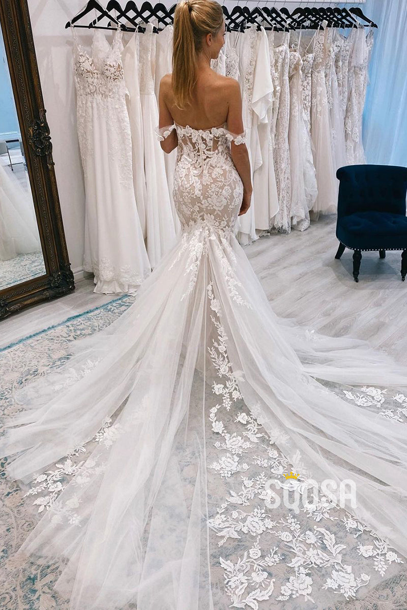 Chic Off the Shoulder Lace Appliques Mermaid Wedding Dress QW2532|SQOSA