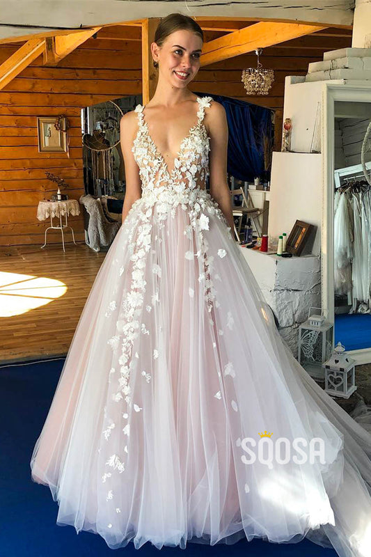 Plunging V-neck 3D Appliques A-line Pink Wedding Dress QW2566|SQOSA