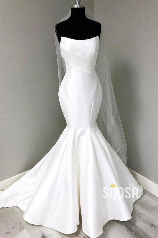 Ivory Satin Strapless Mermaid Wedding Dress with Court Train QW2567|SQOSA