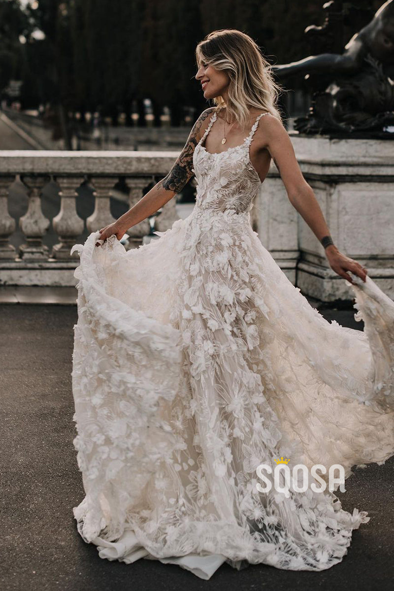 Unique Bateau Allover Lace Wedding Gown Bohemian Wedding Dress QW2656|SQOSA