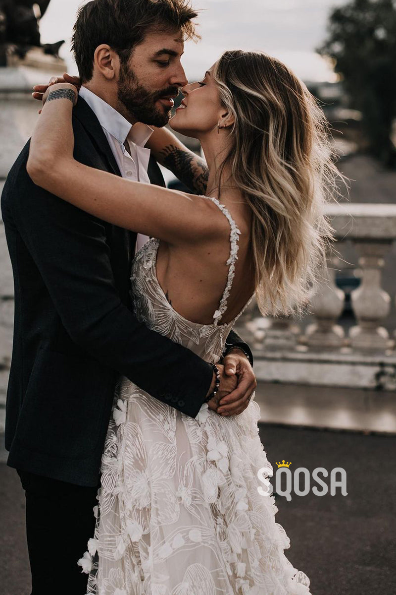 Unique Bateau Allover Lace Wedding Gown Bohemian Wedding Dress QW2656|SQOSA