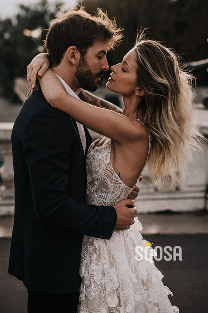 Unique Bateau Allover Lace Wedding Gown Bohemian Wedding Dress QW2656|SQOSA