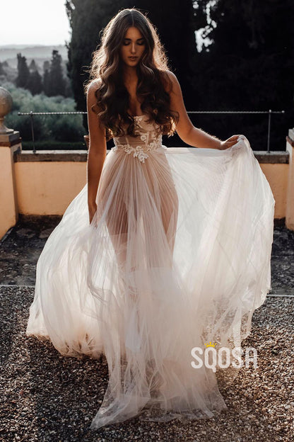 Spaghetti Straps Scoop Tulle Appliques Bohemian Wedding Dress QW2657|SQOSA