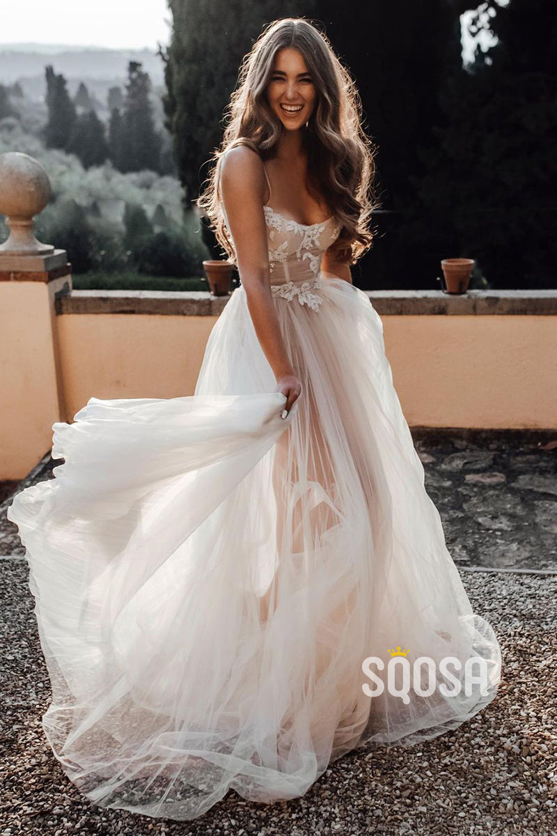 Spaghetti Straps Scoop Tulle Appliques Bohemian Wedding Dress QW2657|SQOSA