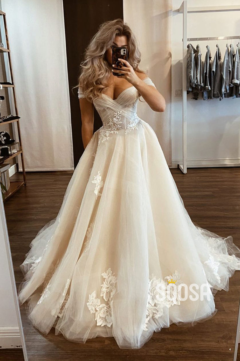 Off the Shoulder Tulle Appliques A-line Wedding Dress QW2665|SQOSA