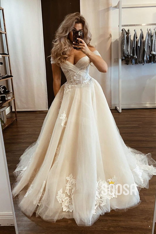 Off the Shoulder Tulle Appliques A-line Wedding Dress QW2665|SQOSA