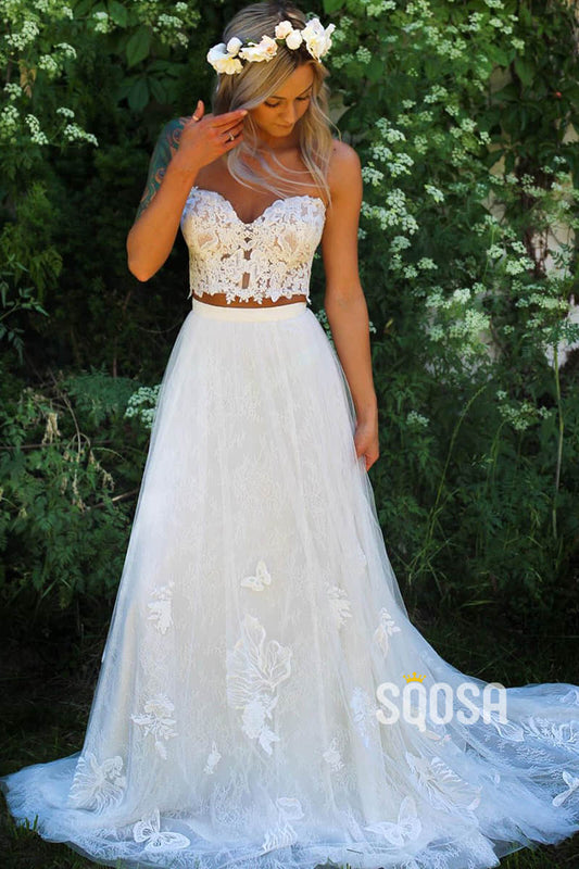 A-line Sweetheart Chic Appliques Two Piece Beach Wedding Dress QW2367|SQOSA