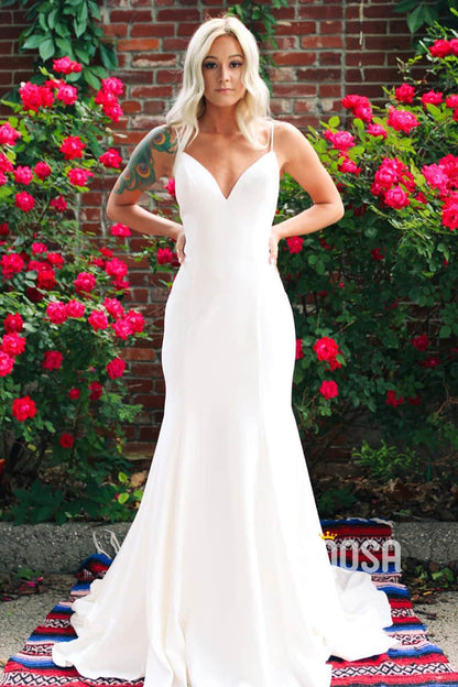 Sexy V-neck Spaghetti Straps Simple Mermaid Wedding Dress QW2372|SQOSA