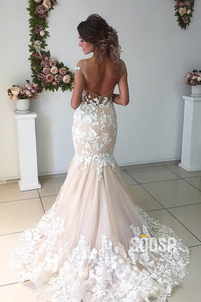 Mermaid Wedding Dress Exquisite Lace Appliques Rustic Wedding Dress QW2374|SQOSA