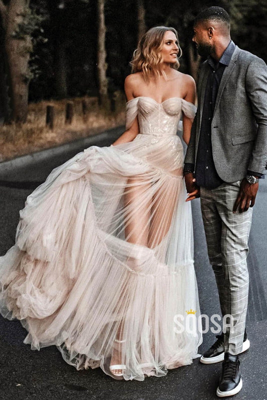 Unique Off-Shoulder Tulle Pleats Bohemian Wedding Dress QW2421|SQOSA