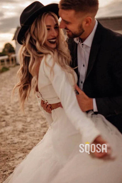 Unique Scoop Long Sleeves Two-Piece Bohemian Wedding Dress QW2423|SQOSA