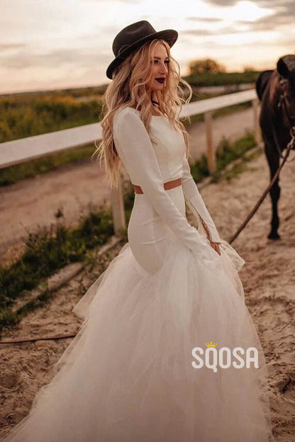 Unique Scoop Long Sleeves Two-Piece Bohemian Wedding Dress QW2423