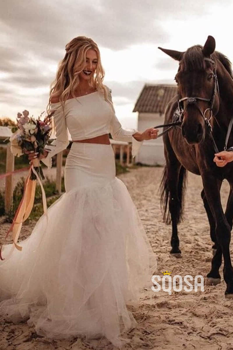 Unique Scoop Long Sleeves Two-Piece Bohemian Wedding Dress QW2423|SQOSA