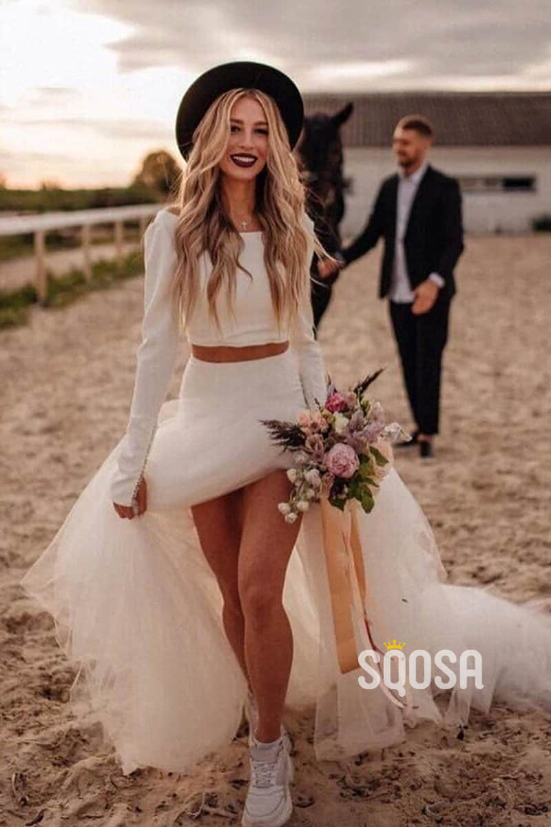 Unique Scoop Long Sleeves Two-Piece Bohemian Wedding Dress QW2423|SQOSA