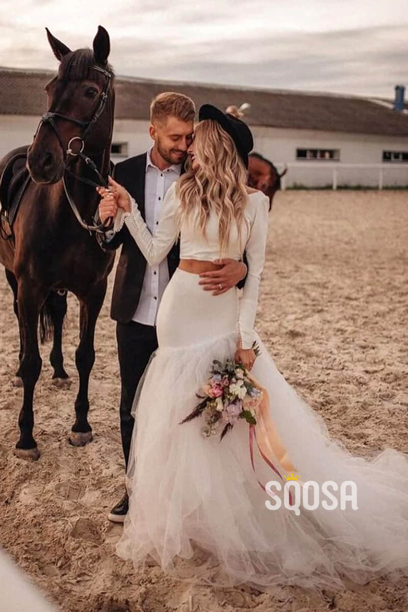 Unique Scoop Long Sleeves Two-Piece Bohemian Wedding Dress QW2423|SQOSA