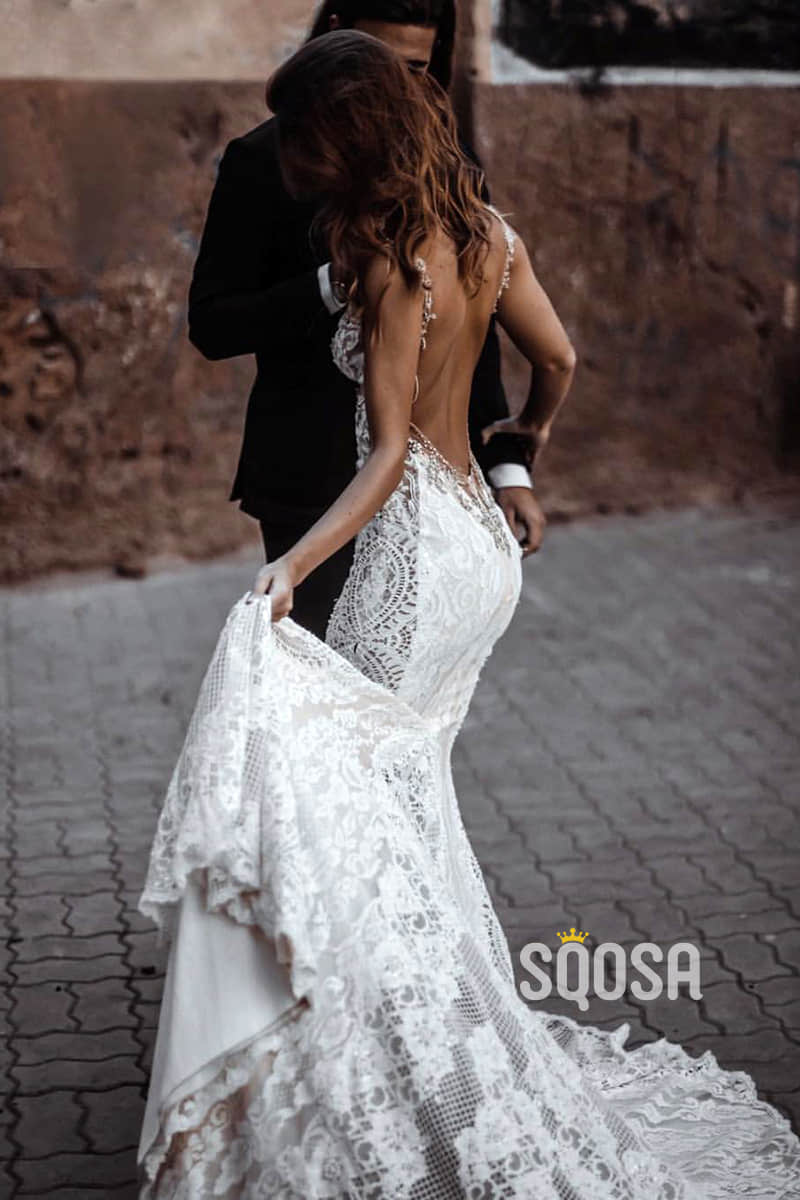 Attractive V neck Exquisite Lace Beaded Bohemian Wedding Dress QW2428 SQOSA