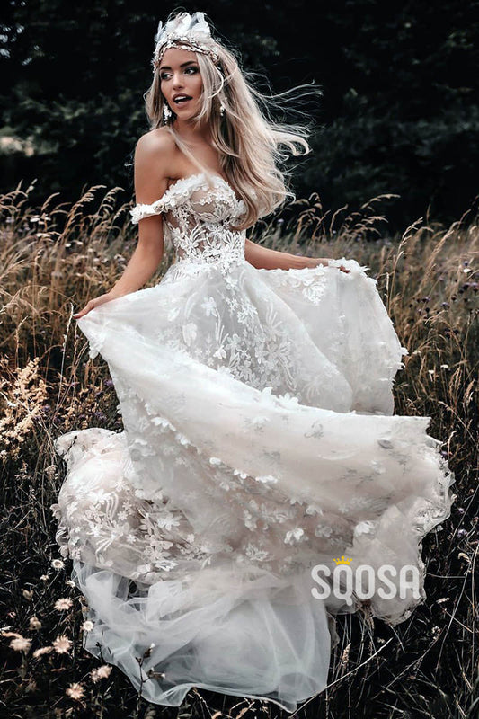 Unique Off-Shoulder Exquisite Lace Rustic Wedding Dress QW2432|SQOSA