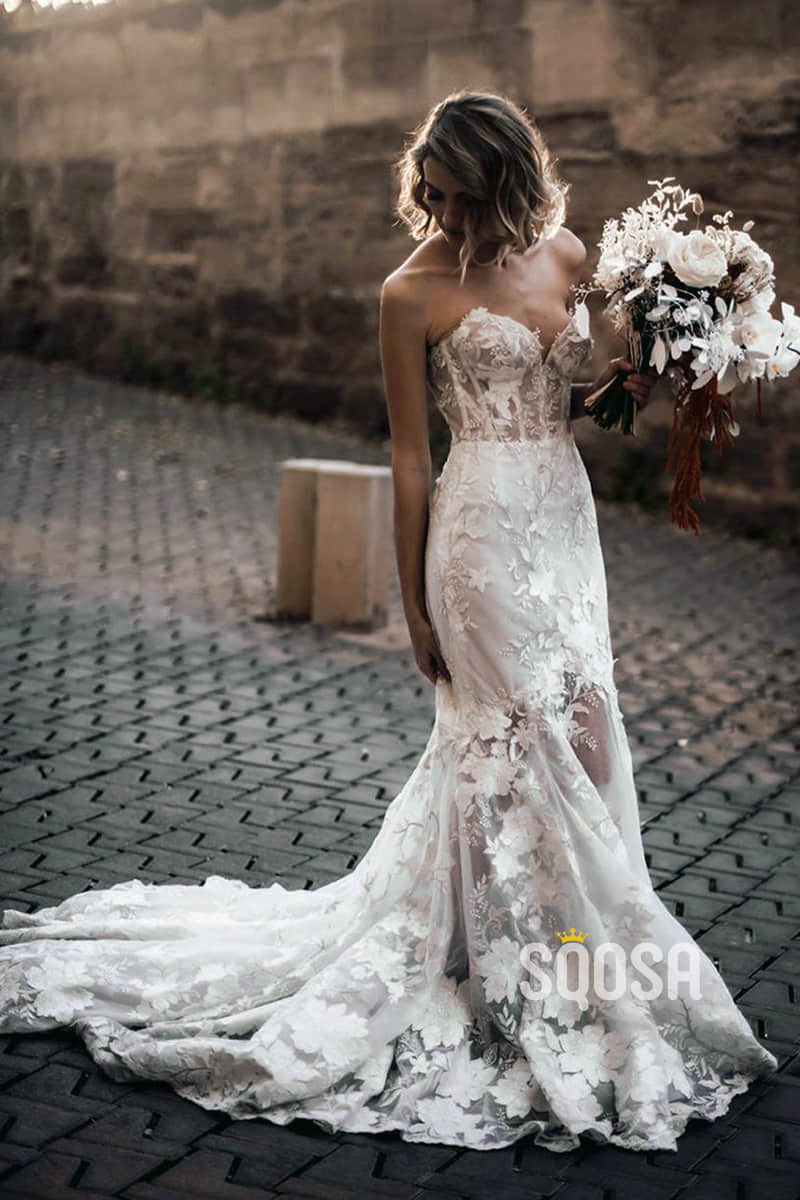 Mermaid/Trumpet Wedding Dress V-Neck 3D Lace Wedding Gown QW2435|SQOSA