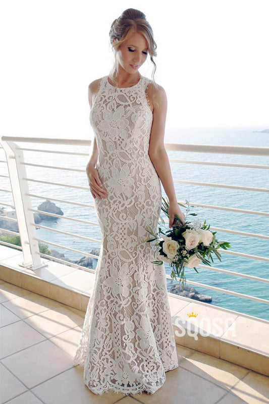 Unique Bateau Neckline Lace Mermaid Wedding Dress QW2452|SQOSA