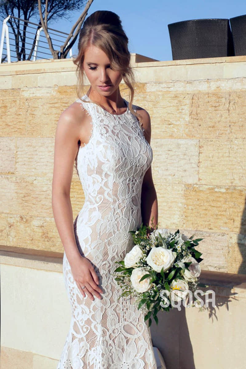 Unique Bateau Neckline Lace Mermaid Wedding Dress QW2452|SQOSA