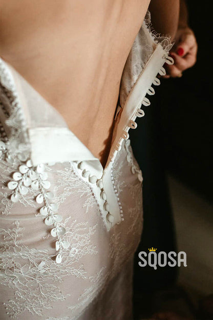 Unique Spaghetti Straps Chic Appliques Lace Wedding Dress QW2463|SQOSA