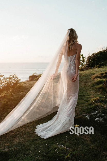 Unique Spaghetti Straps Chic Appliques Lace Wedding Dress QW2463|SQOSA