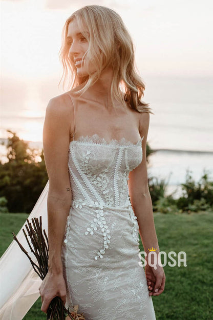 Unique Spaghetti Straps Chic Appliques Lace Wedding Dress QW2463|SQOSA