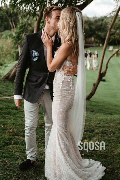 Unique Spaghetti Straps Chic Appliques Lace Wedding Dress QW2463|SQOSA