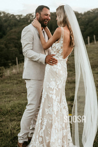 Attractive V-neck Exquisite Lace Wedding Dress Bridal Gown QW2464|SQOSA